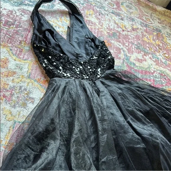 VINTAGE Faviana Halter Cocktail Dress Black Sequin Tulle Size 3/4 USA - Picture 7 of 9